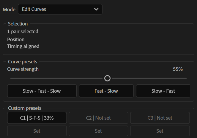 Modalità Edit Curves con slider di intensità e preset personalizzati