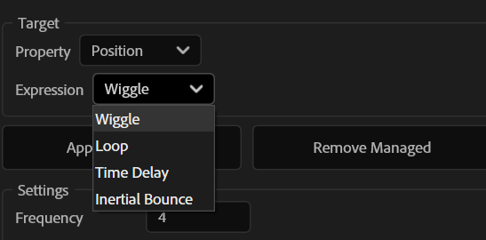Menu delle espressioni Wiggle, Loop, Time Delay e Inertial Bounce