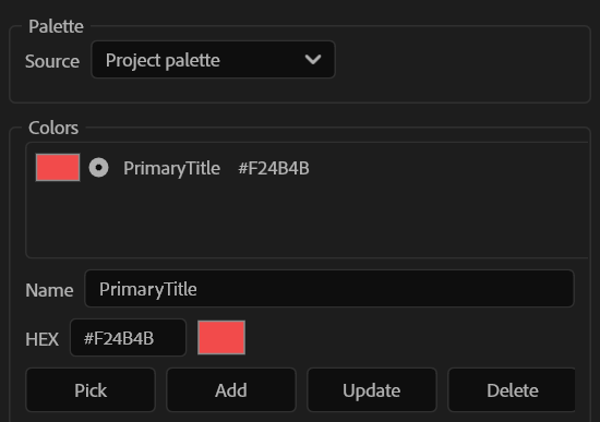 Palette Manager con palette di progetto e controlli per aggiungere un colore