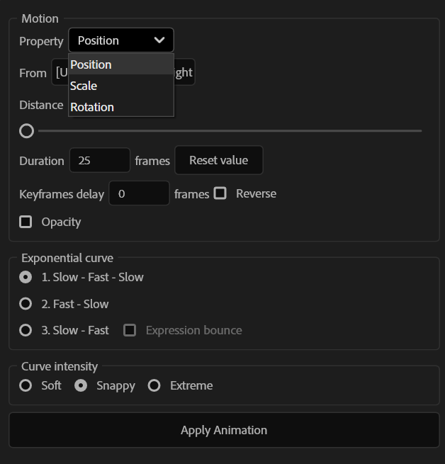 Pannello Property Animations con selezione di Position, Scale e Rotation