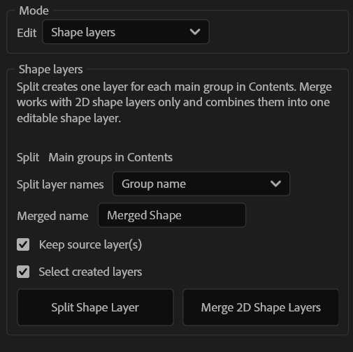 Modalità Shape Layers di Layer Splitter con comandi Split e Merge
