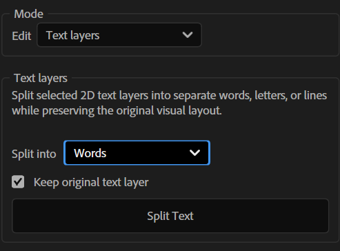 Modalità Text Layers di Layer Splitter con divisione per parole