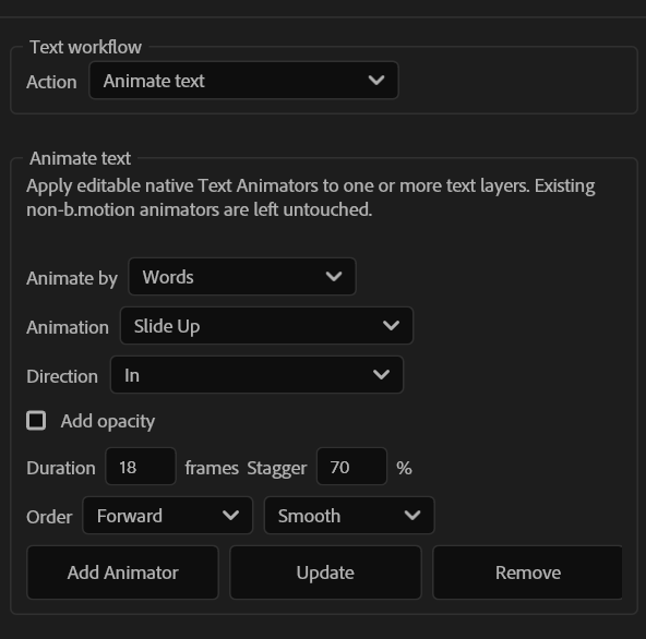 Controlli di Text Tools per animare il testo