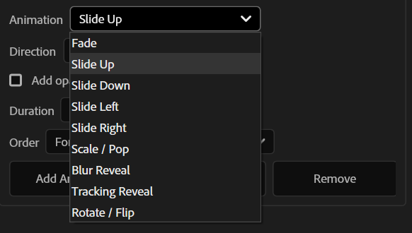 Menu dei preset di animazione disponibili in Text Tools