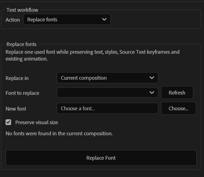 Controlli di Text Tools per sostituire i font